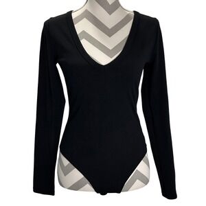 Babaton Black Ribbed Long Sleeve V Neck Bodysuit Women's Size L